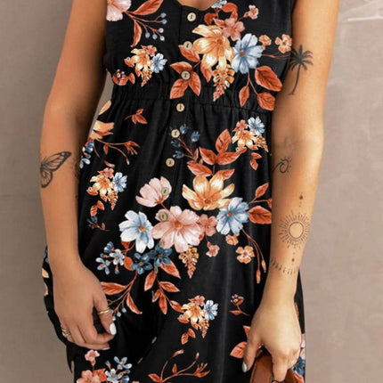 Double Take Printed Scoop Neck Sleeveless Buttoned Magic Dress with Pockets - MimiStylez