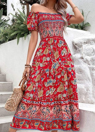 Floral Off-Shoulder Smocked Midi Dress - MimiStylez