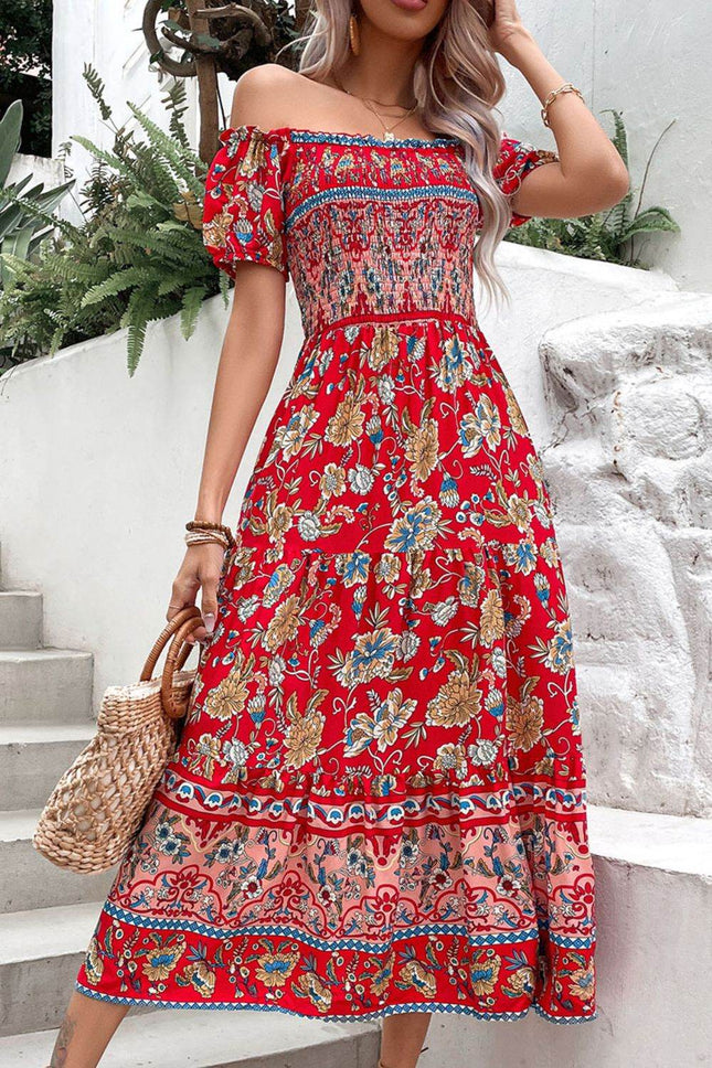 Floral Off-Shoulder Smocked Midi Dress - MimiStylez
