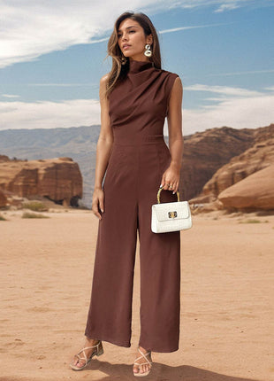 Ruched Mock Neck Sleeveless Jumpsuit - MimiStylez