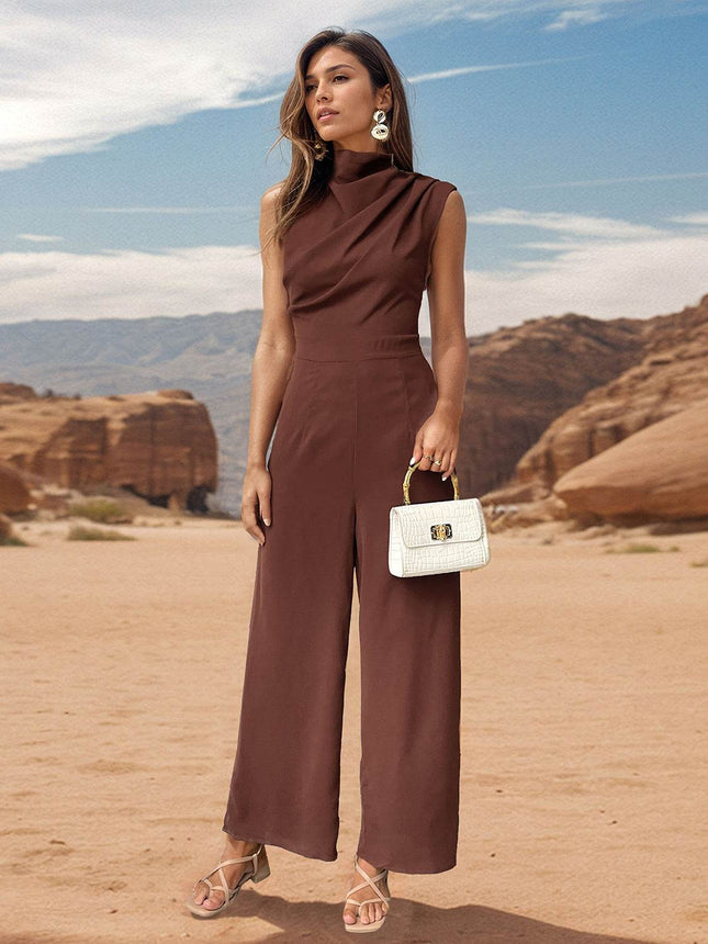 Ruched Mock Neck Sleeveless Jumpsuit - MimiStylez