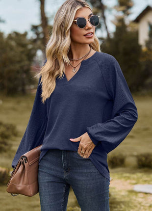 Notched Neck Raglan Sleeve Blouse - MimiStylez