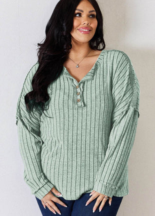 Basic Bae Full Size Ribbed Half Button Long Sleeve T-Shirt - MimiStylez