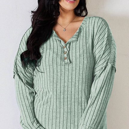 Basic Bae Full Size Ribbed Half Button Long Sleeve T-Shirt - MimiStylez