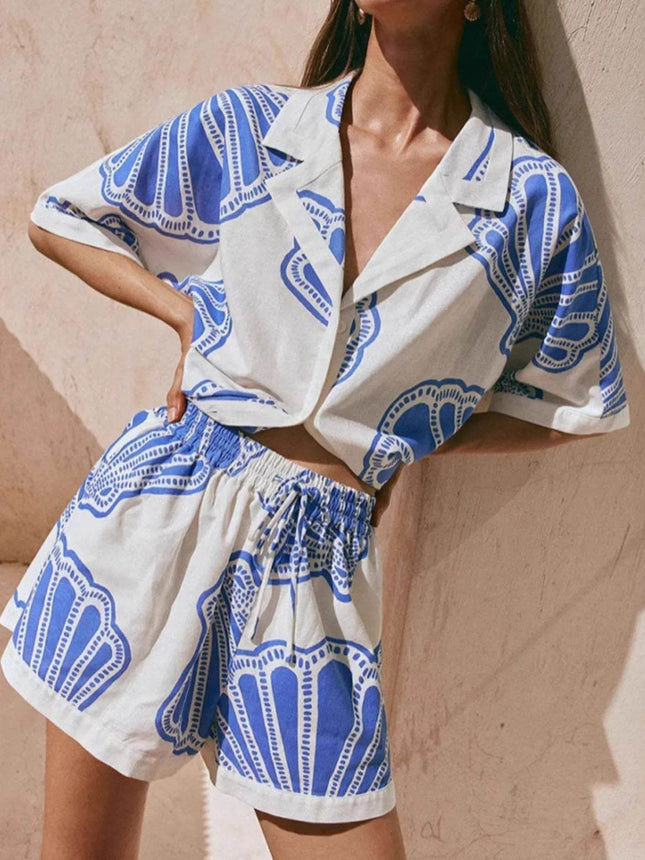 Printed Button Up Shirt and Shorts Set - MimiStylez