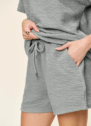 Double Take Full Size Texture Short Sleeve T-Shirt and Drawstring Shorts Set - MimiStylez