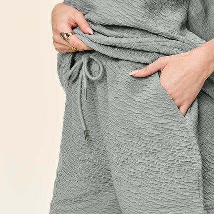 Double Take Full Size Texture Short Sleeve T-Shirt and Drawstring Shorts Set - MimiStylez