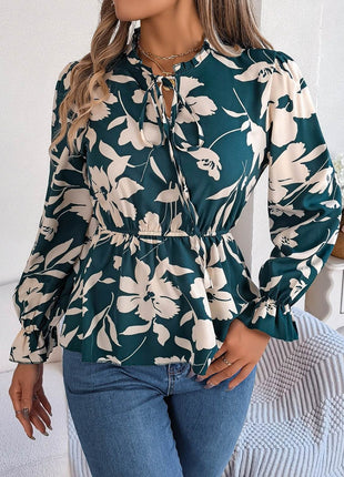 Printed Tie Neck Flounce Sleeve Blouse - MimiStylez