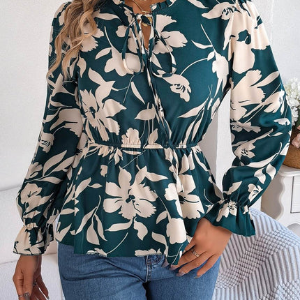 Printed Tie Neck Flounce Sleeve Blouse - MimiStylez