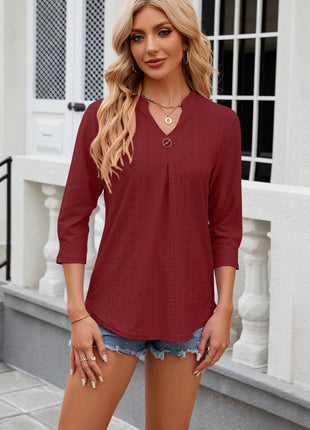 Eyelet Notched Knit Jacquard Top - MimiStylez