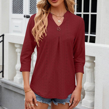 Eyelet Notched Knit Jacquard Top - MimiStylez