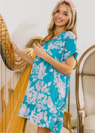 BiBi Floral Crinkle Shirred Ruffle Detail V Neck Dress - MimiStylez