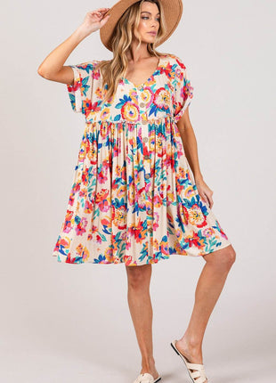 SAGE + FIG Full Size Floral Button-Down Short Sleeve Dress - MimiStylez