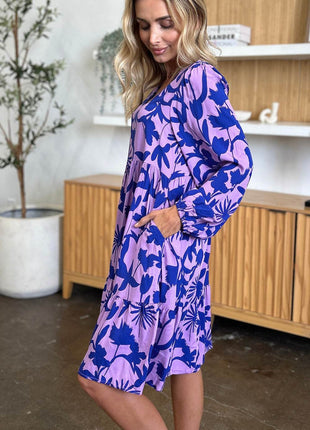 Double Take Full Size Printed Ruffle Hem Dress with Pocket - MimiStylez