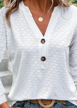 Eyelet Notched Long Sleeve T-Shirt - MimiStylez
