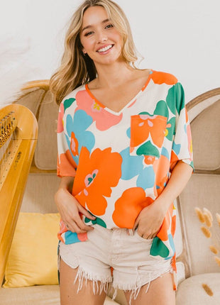 BiBi Floral V Neck Slit Side T-Shirt - MimiStylez