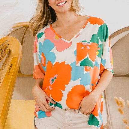 BiBi Floral V Neck Slit Side T-Shirt - MimiStylez