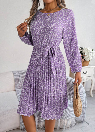 Ditsy Floral Tie Waist Pleated Dress - MimiStylez