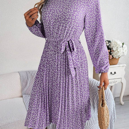 Ditsy Floral Tie Waist Pleated Dress - MimiStylez