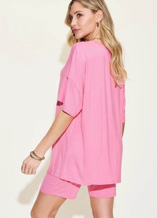 Neck Drop Shoulder T-Shirt and Shorts Set - MimiStylez