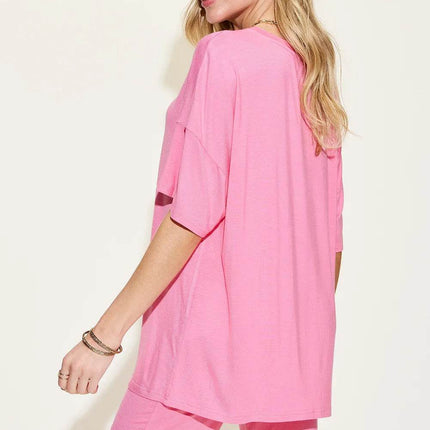 Neck Drop Shoulder T-Shirt and Shorts Set - MimiStylez