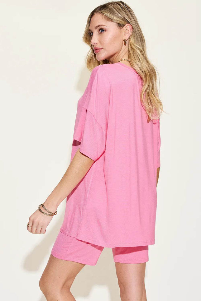 Neck Drop Shoulder T-Shirt and Shorts Set - MimiStylez