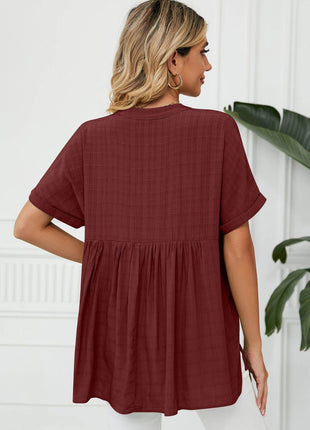 Side Slit Notched Neck Cuffed Short Sleeve Blouse - MimiStylez