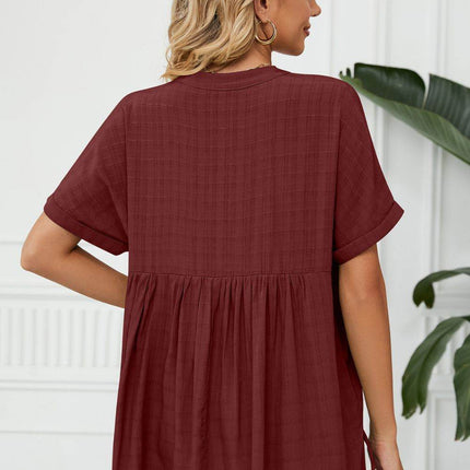 Side Slit Notched Neck Cuffed Short Sleeve Blouse - MimiStylez