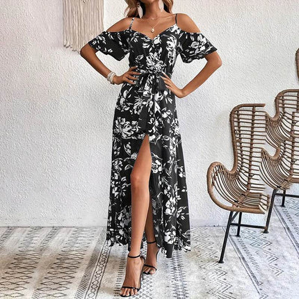 Women's Floral Maxi Dress Cold Shoulder Split Belted A Line Long Summer Dress - MimiStylez