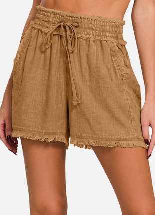 Zenana Washed Linen Frayed Hem Drawstring Shorts - MimiStylez