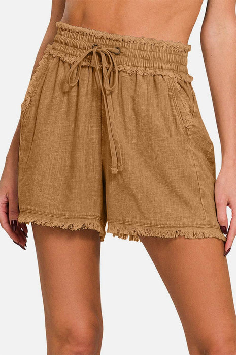 Zenana Washed Linen Frayed Hem Drawstring Shorts - MimiStylez
