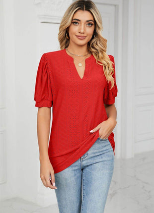 Eyelet Short Puff Sleeve Notched Neck Top - MimiStylez