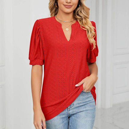 Eyelet Short Puff Sleeve Notched Neck Top - MimiStylez