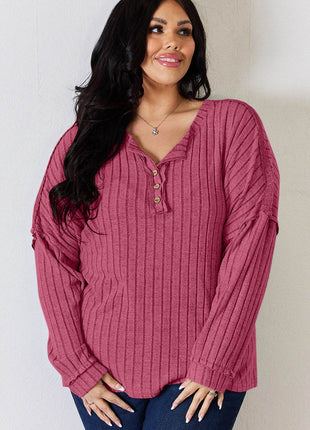 Basic Bae Full Size Ribbed Half Button Long Sleeve T-Shirt - MimiStylez