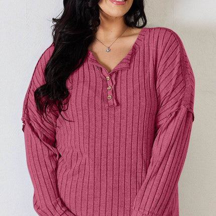 Basic Bae Full Size Ribbed Half Button Long Sleeve T-Shirt - MimiStylez