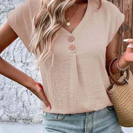 Decorative Button V-Neck Short Sleeve Blouse - MimiStylez