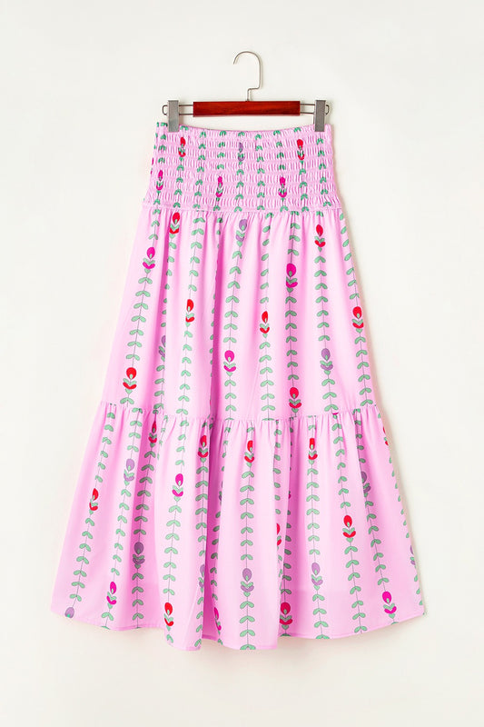 Smocked Printed High Waist Skirt