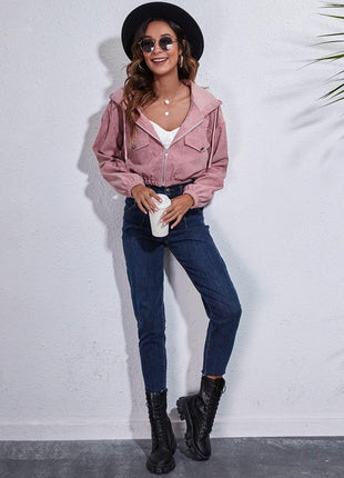 Drawstring Hooded Zip Up Jacket with Pockets - MimiStylez