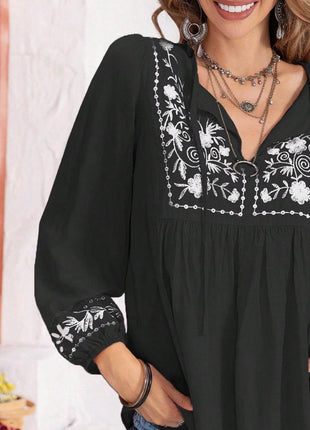 Floral Tie Neck Balloon Sleeve Blouse - MimiStylez