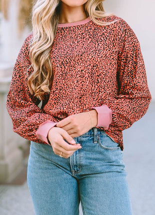 Leopard Round Neck Long Sleeve Sweatshirt - MimiStylez