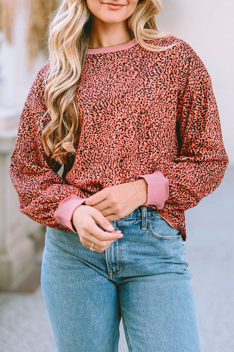 Leopard Round Neck Long Sleeve Sweatshirt - MimiStylez