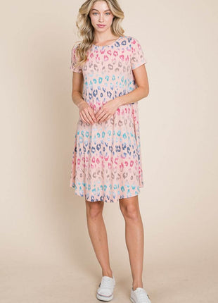 BOMBOM Leopard Round Neck Short Sleeve Dress - MimiStylez