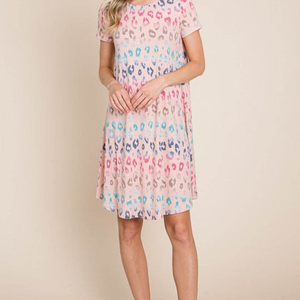 BOMBOM Leopard Round Neck Short Sleeve Dress - MimiStylez