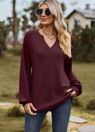 Notched Neck Raglan Sleeve Blouse - MimiStylez