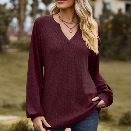 Notched Neck Raglan Sleeve Blouse - MimiStylez