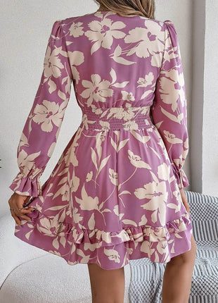 Tied Ruffled Printed Long Sleeve Dress - MimiStylez