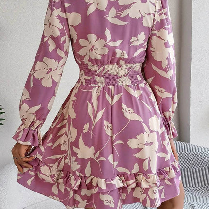 Tied Ruffled Printed Long Sleeve Dress - MimiStylez