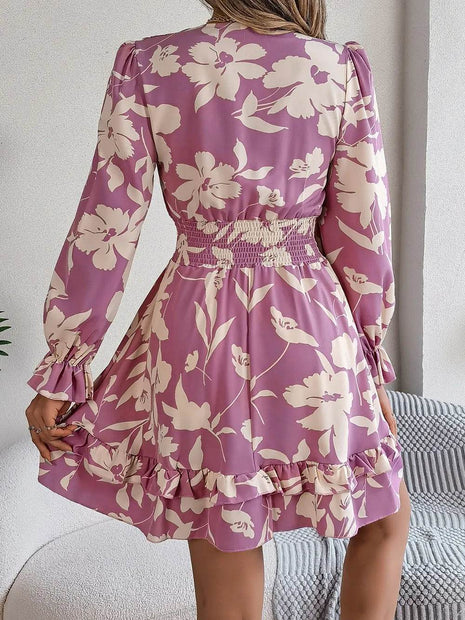 Tied Ruffled Printed Long Sleeve Dress - MimiStylez