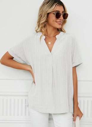 Side Slit Notched Neck Cuffed Short Sleeve Blouse - MimiStylez