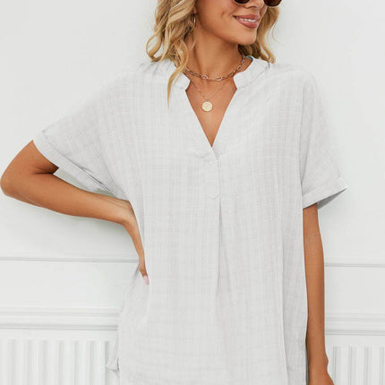 Side Slit Notched Neck Cuffed Short Sleeve Blouse - MimiStylez